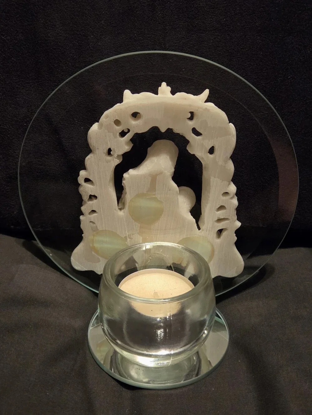 Holy Mary Baby Jesus Angel Glass Vigil Tealite Holder Candle 5.5